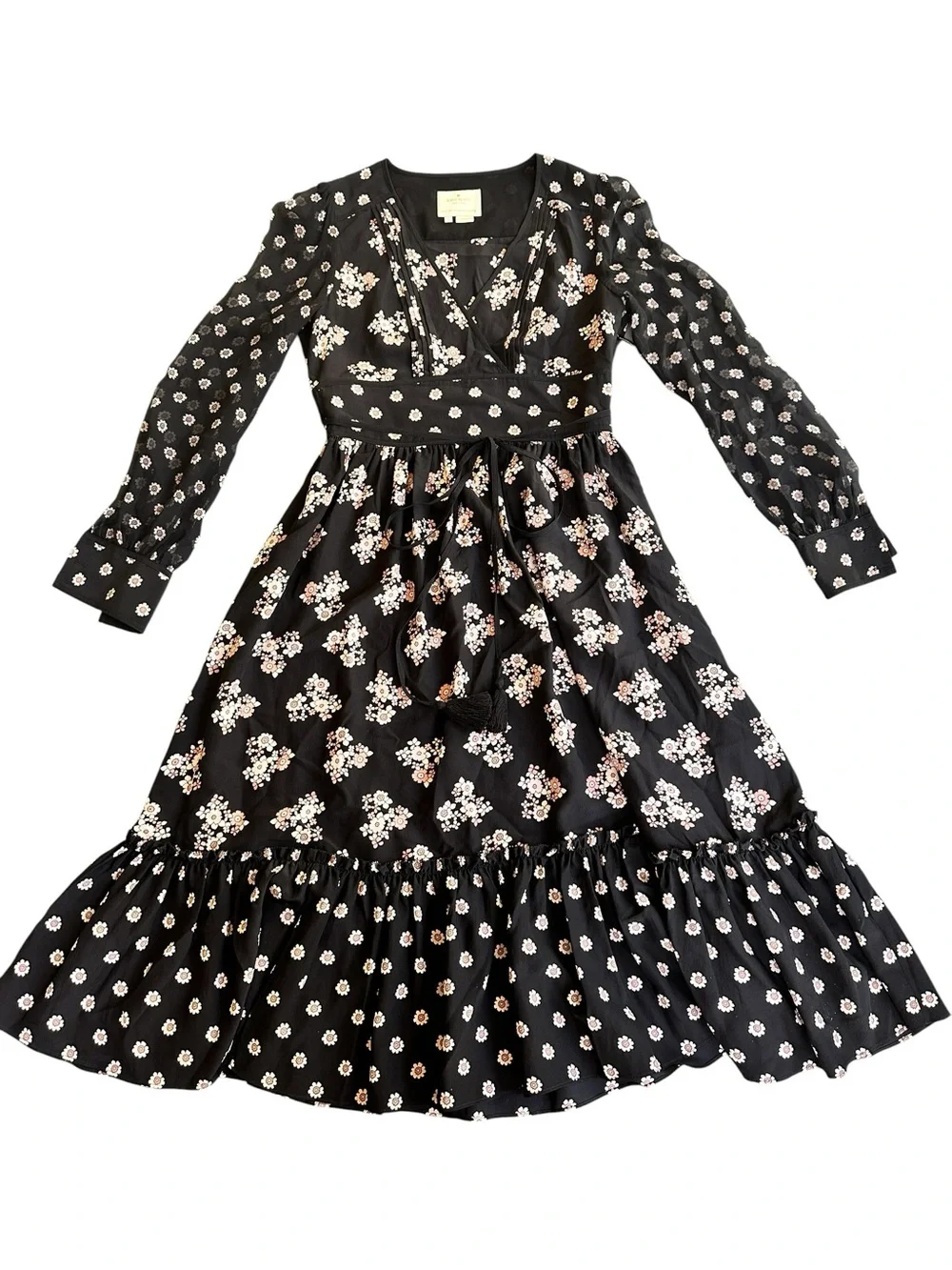 Kate Spade New York 100% Silk Black Floral Midi Dress Tassel Tie Size 0